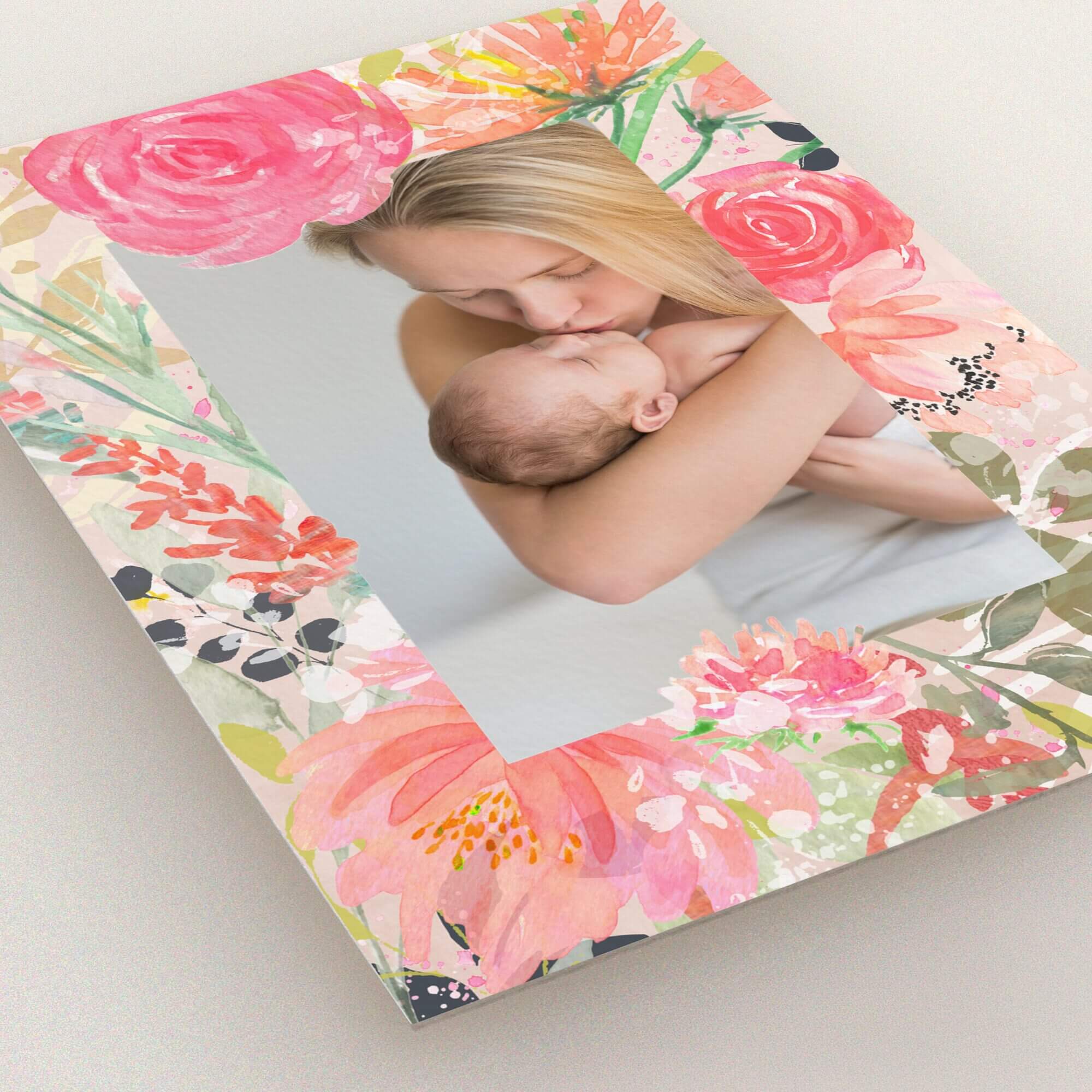Floral birth announcement card design featuring one photo of a mother and baby.