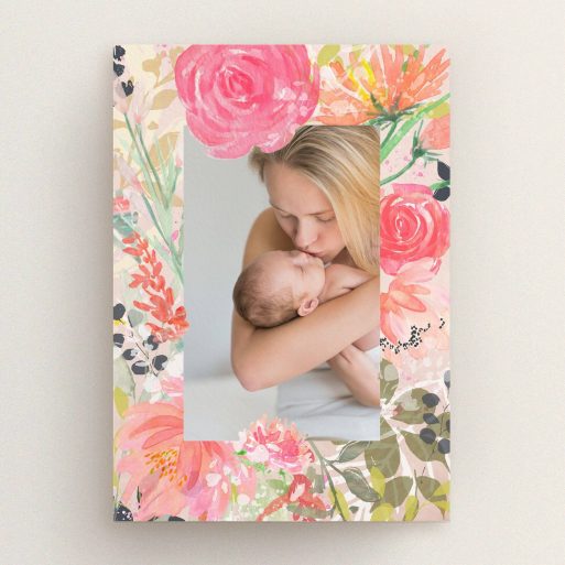 Floral birth announcement card design featuring one photo of a mother and baby.
