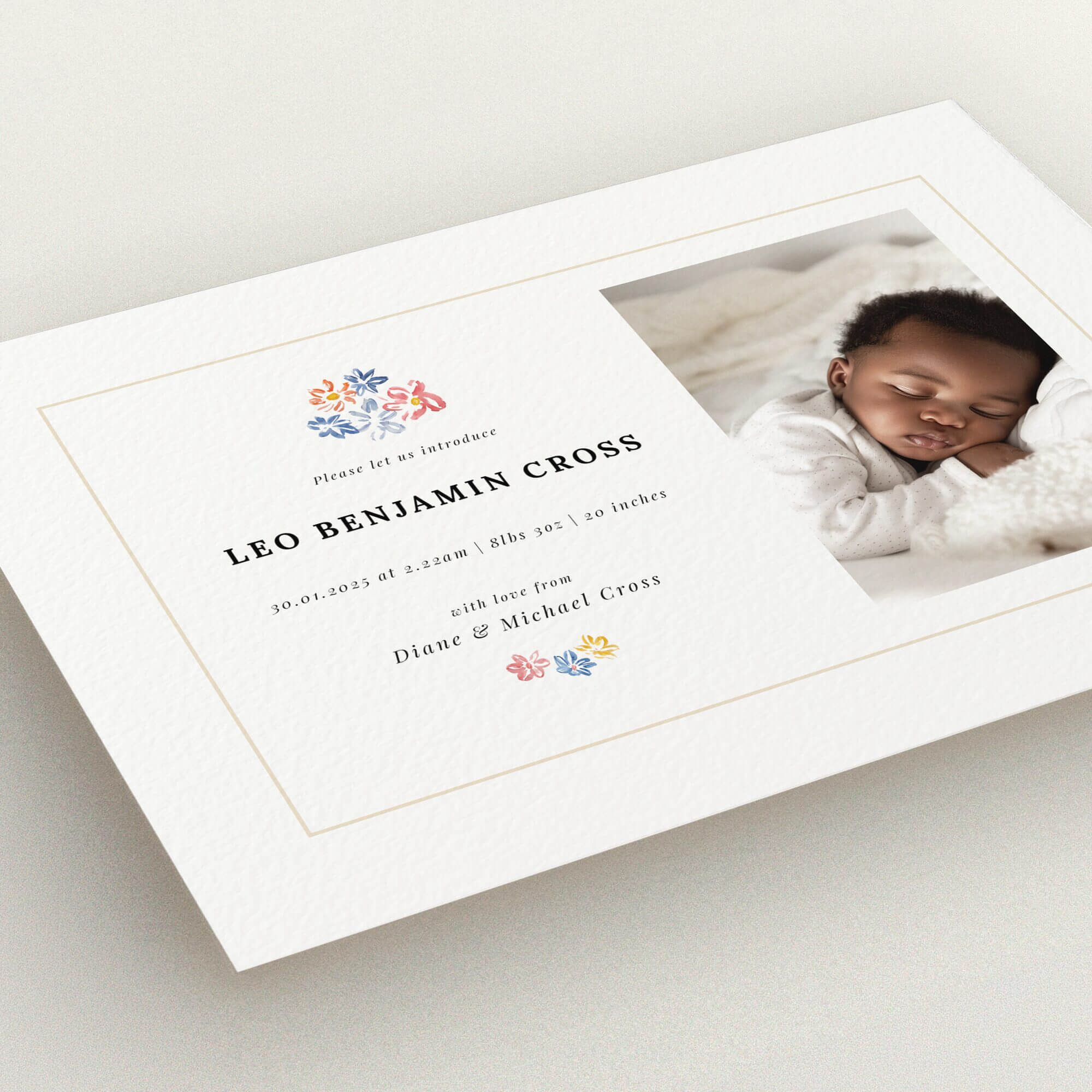 Modern birth announcement card design with one photo of a newborn baby sleeping