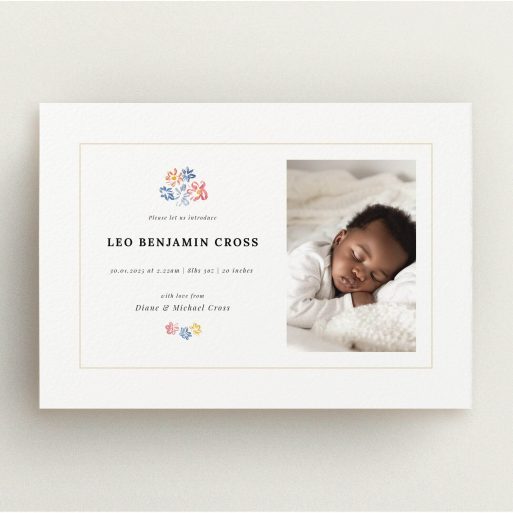 Modern birth announcement card design with one photo of a newborn baby sleeping