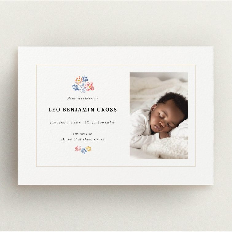 Modern birth announcement card design with one photo of a newborn baby sleeping