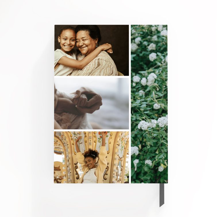 Portrait notebook design with floral background, featuring four photos on the cover spread.