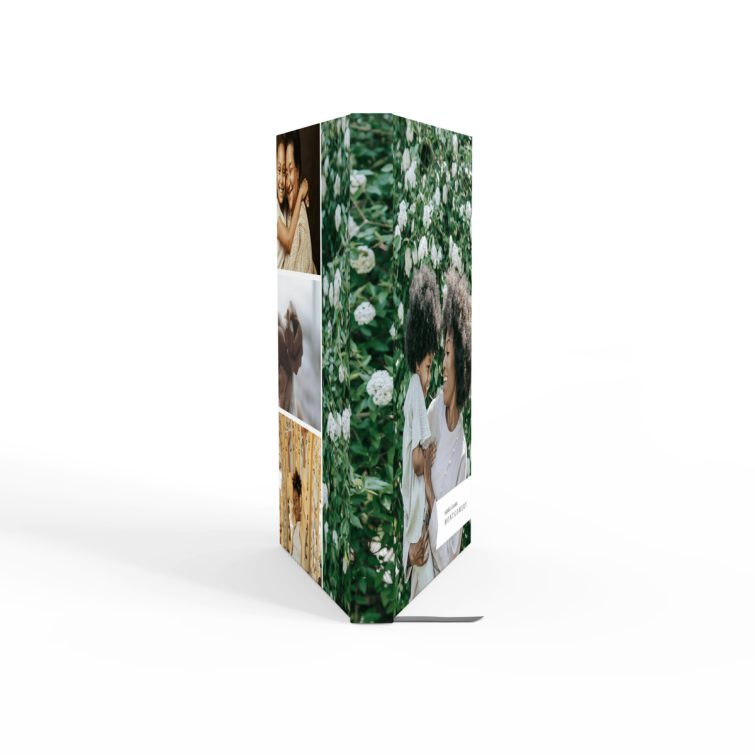 Portrait notebook design with floral background, featuring four photos on the cover spread.