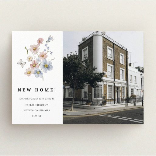 Elegant New Address Card Floral design change of address card with one photo of a traditional house.
