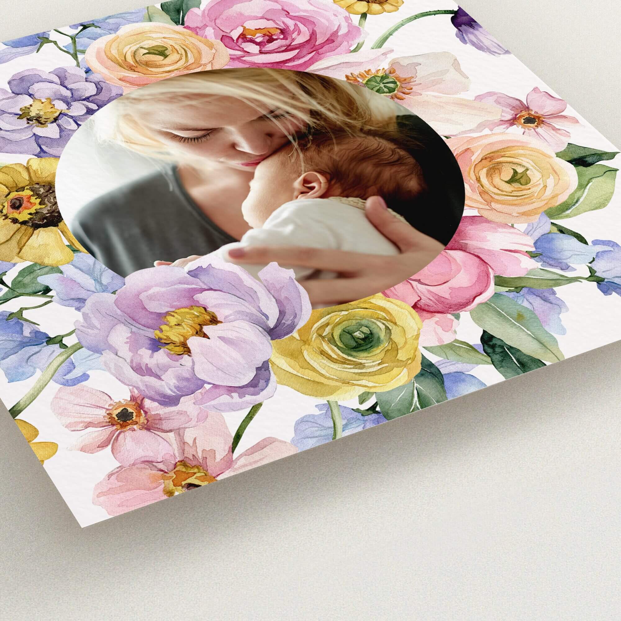Floral birth announcement card design with one photo of mother and baby