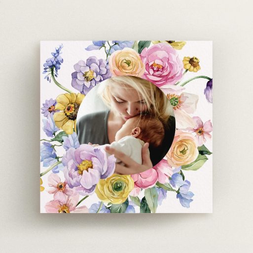 Floral birth announcement card design with one photo of mother and baby
