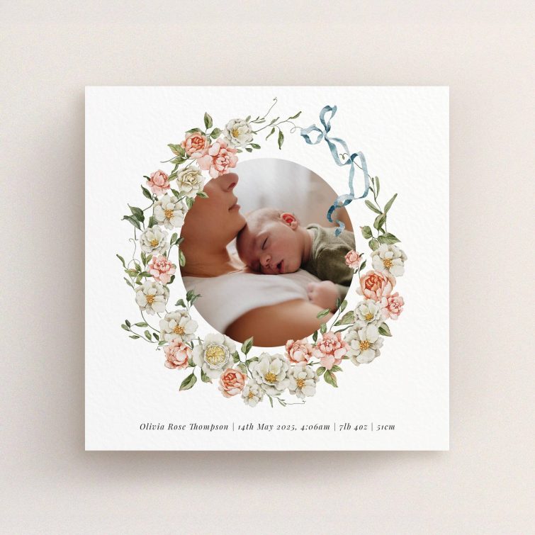 Floral birth announcement card design with one circular photo of a mother and baby.