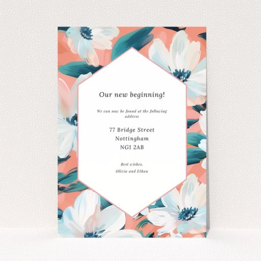 Floral change of address card with one photo placeholder and abstract flower illustrations.