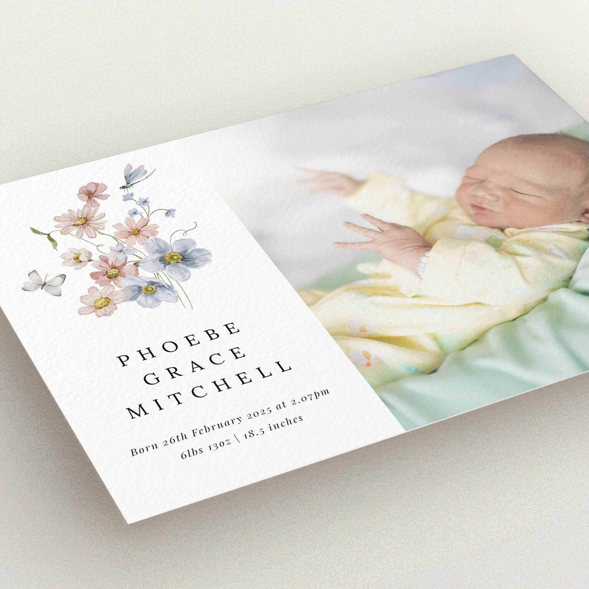Floral birth announcement card with one baby photo on the right side.