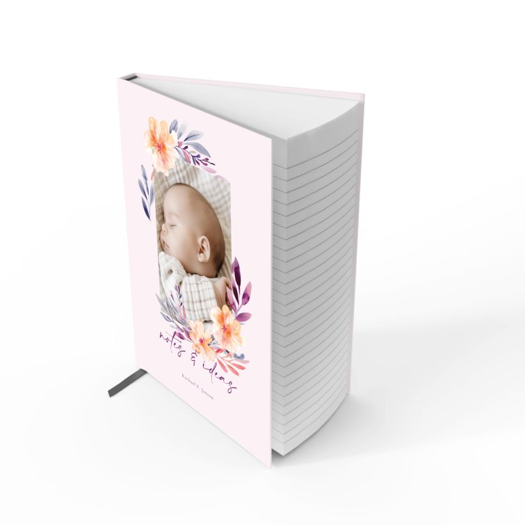 Floral design personalised notebook cover with one photo and pastel accents.