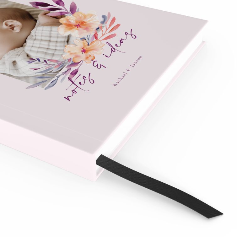 Floral design personalised notebook cover with one photo and pastel accents.