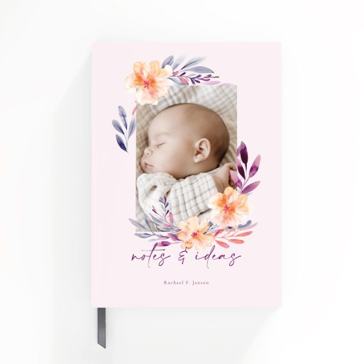 Floral design personalised notebook cover with one photo and pastel accents.