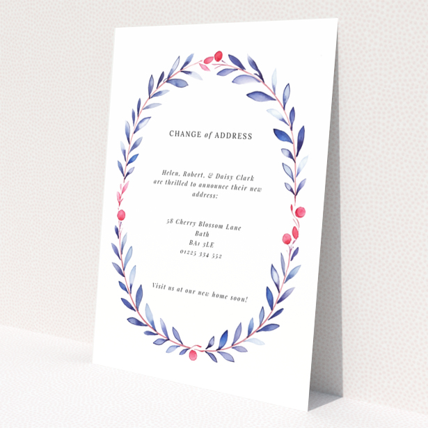 Botanical change of address card with leafy wreath design and no photos