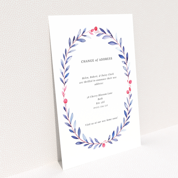 Botanical change of address card with leafy wreath design and no photos