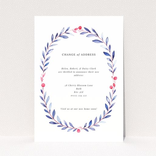Botanical change of address card with leafy wreath design and no photos