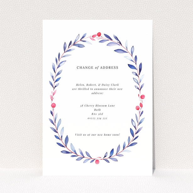 Botanical change of address card with leafy wreath design and no photos