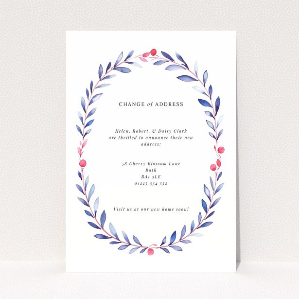 Botanical change of address card with leafy wreath design and no photos