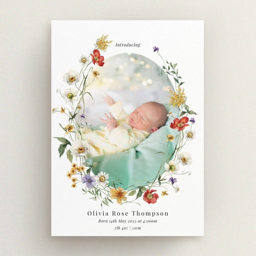 Floral birth announcement card with one baby photo surrounded by decorative flowers.