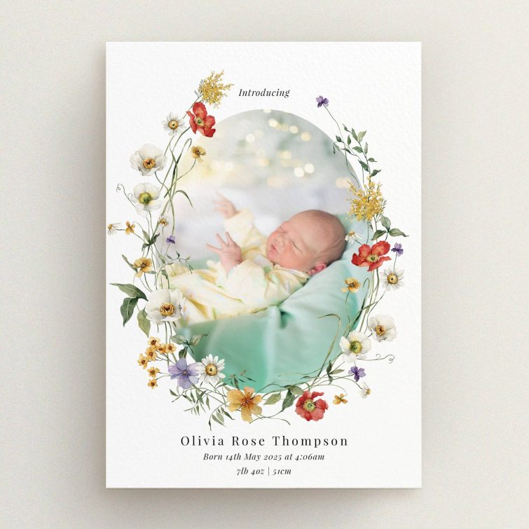 Floral birth announcement card with one baby photo surrounded by decorative flowers.
