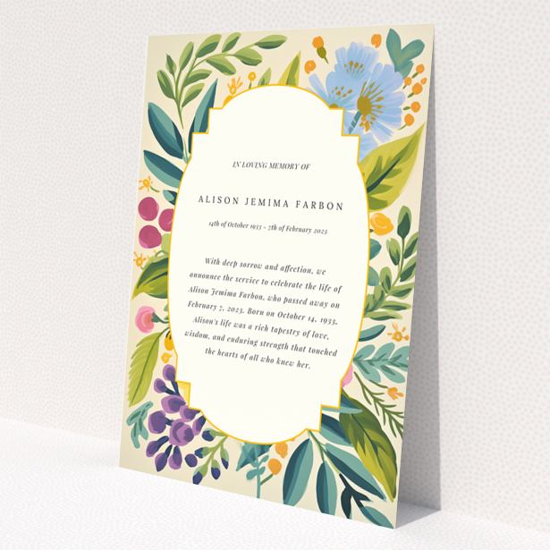 Floral-themed funeral announcement design with no photos.