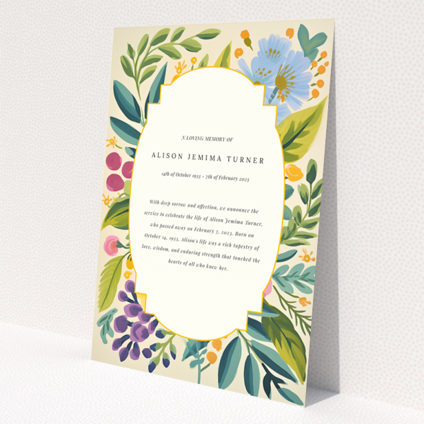 Floral-themed funeral announcement design with no photos.