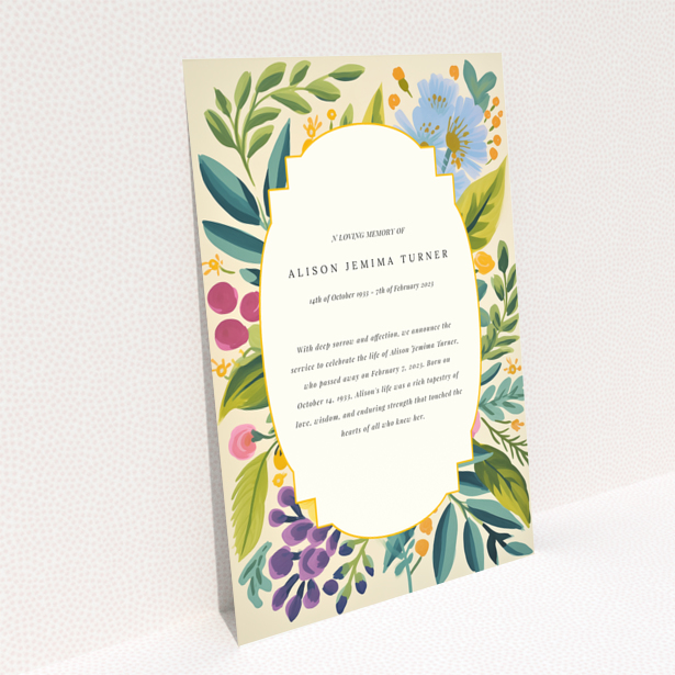 Floral-themed funeral announcement design with no photos.