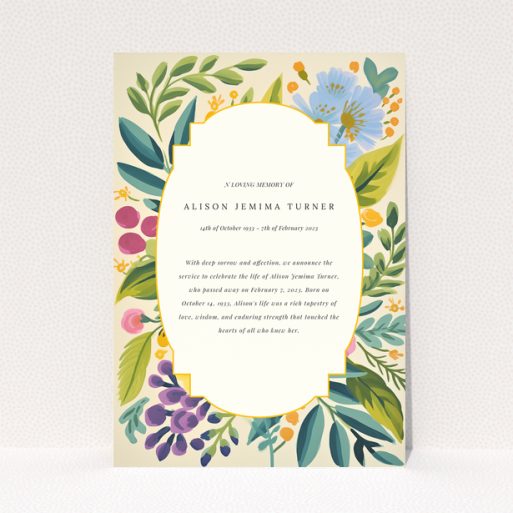 Floral-themed funeral announcement design with no photos.