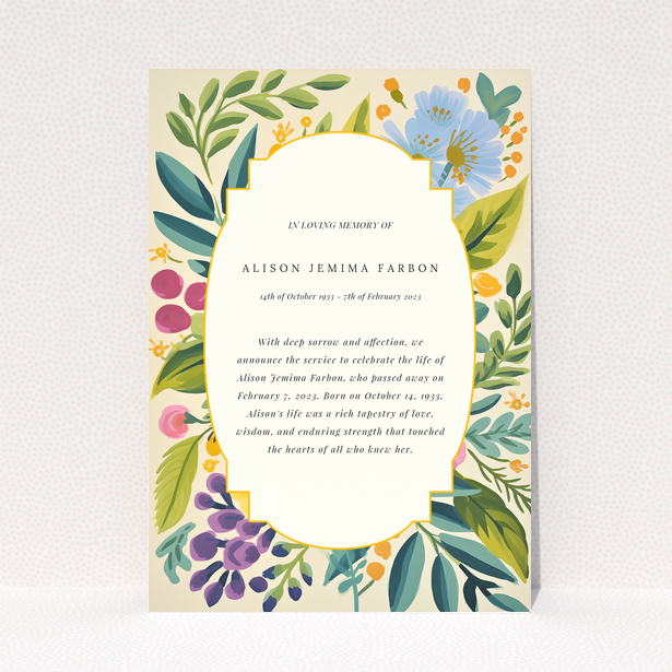 Floral-themed funeral announcement design with no photos.