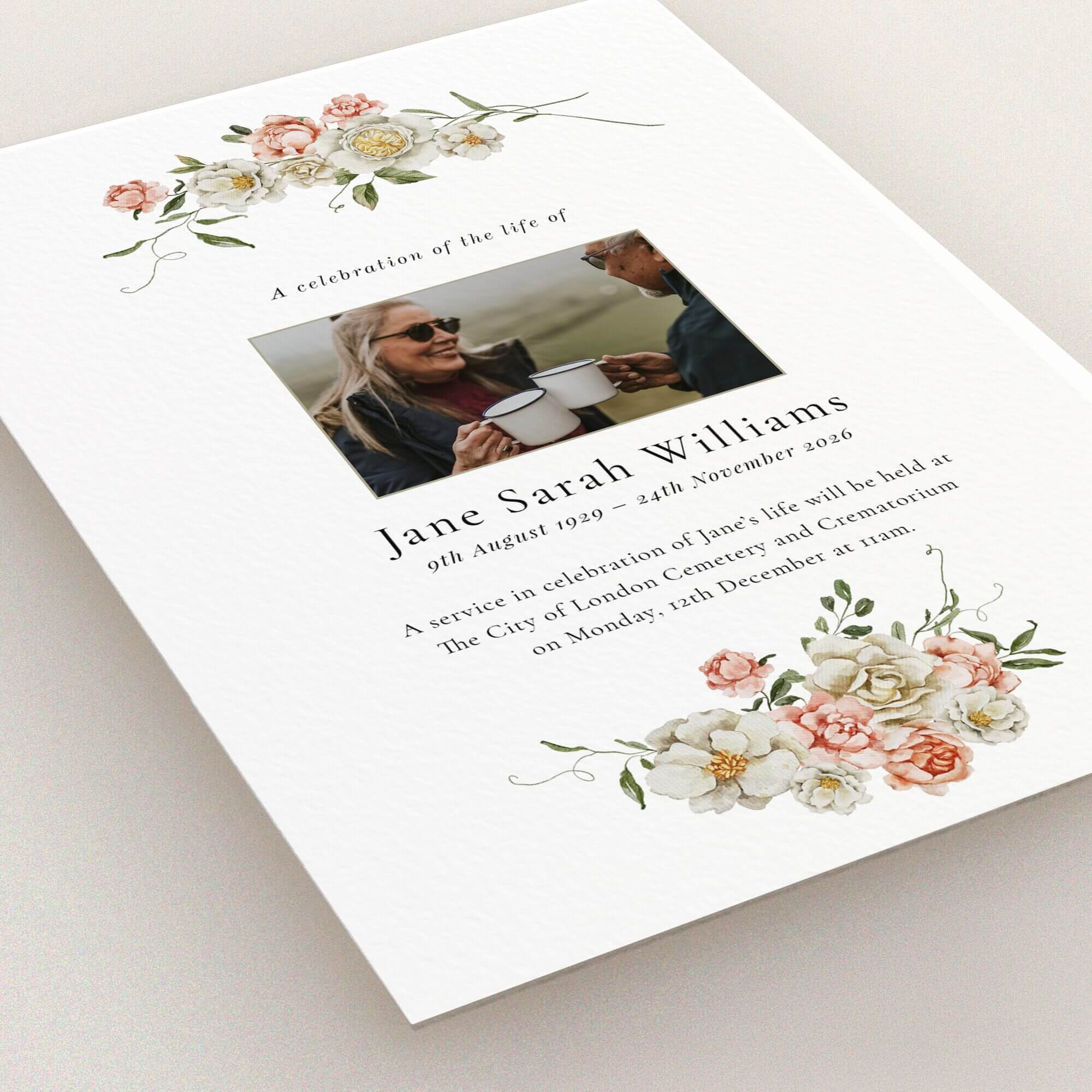 Floral funeral announcement design with one photo for personalisation