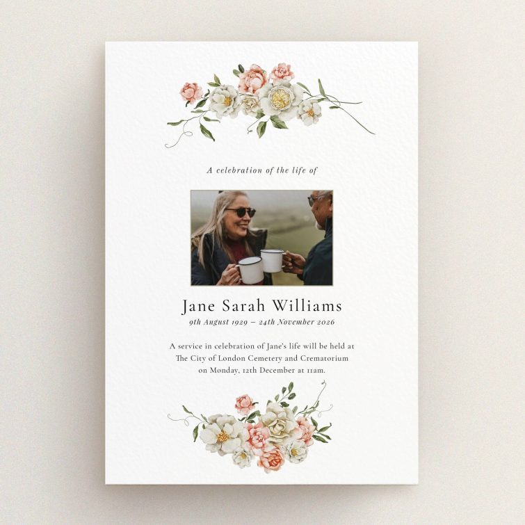 Floral funeral announcement design with one photo for personalisation