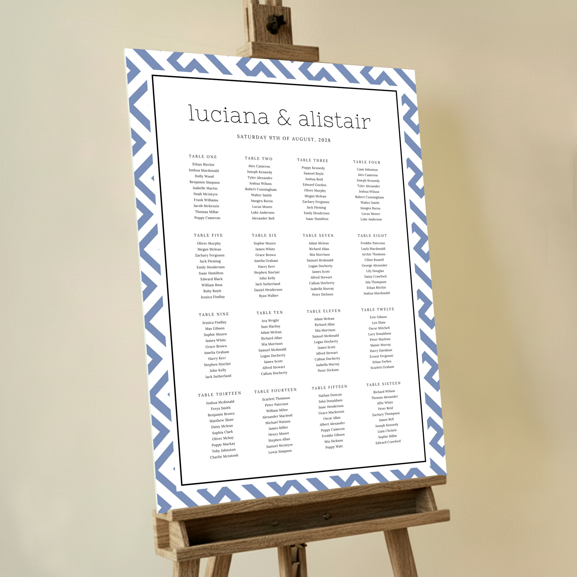Personalized Blue and White Maze Seating Plans featuring a seating plan design with a blue and white geometric pattern border, adding a modern and quirky touch to any event and creating a memorable experience for your guests.. This one shows 16 tables.