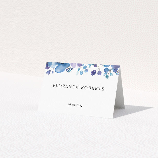 Blue Anemones place cards table template - exquisite arrangements of anemone flowers in varying shades of blue for sophisticated yet lively statement. This is a third view of the front