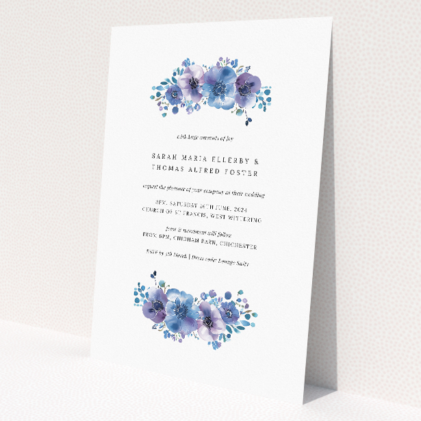 Blue Anemones wedding invitation with exquisite floral display celebrating the beauty of nature, featuring stunning arrangement of anemone flowers in various shades of blue, from pale periwinkle to deep navy This is a view of the front