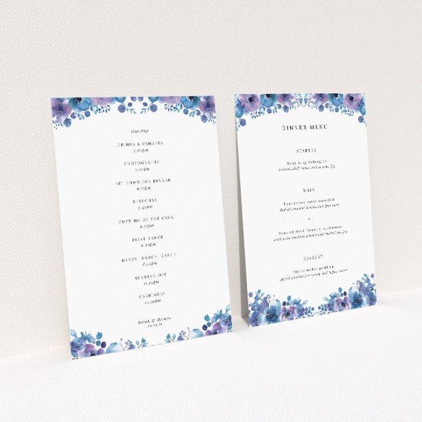 Blue Anemones wedding menu template showcasing exquisite anemone flowers in shades of blue, adding a touch of nature's beauty to your sophisticated wedding stationery suite This image shows the front and back sides together