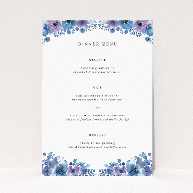 Blue Anemones wedding menu template showcasing exquisite anemone flowers in shades of blue, adding a touch of nature's beauty to your sophisticated wedding stationery suite This is a view of the front