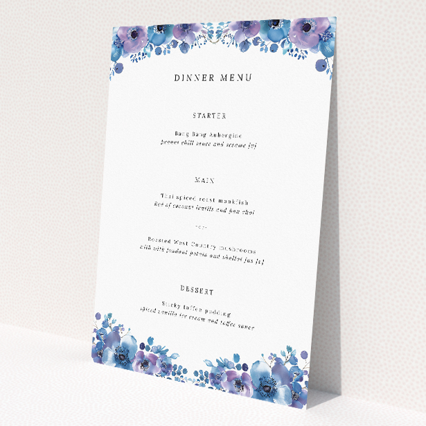 Blue Anemones wedding menu template showcasing exquisite anemone flowers in shades of blue, adding a touch of nature's beauty to your sophisticated wedding stationery suite This image shows the front and back sides together