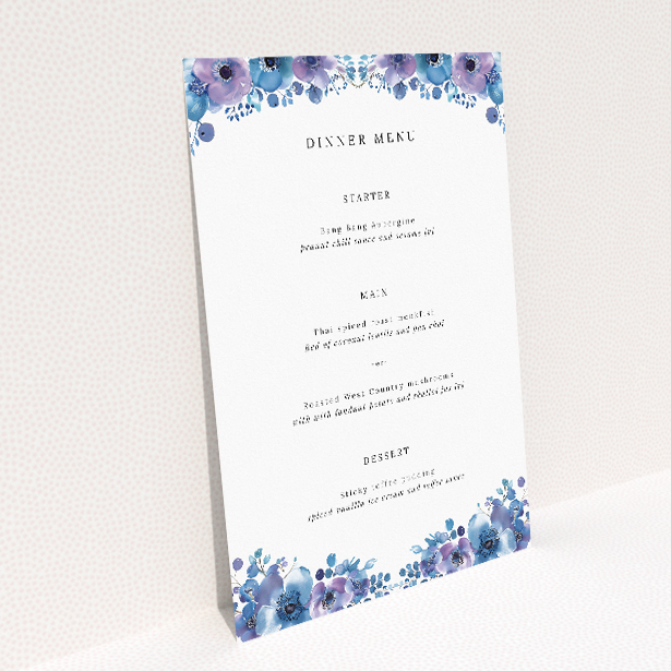Blue Anemones wedding menu template showcasing exquisite anemone flowers in shades of blue, adding a touch of nature's beauty to your sophisticated wedding stationery suite This image shows the front and back sides together