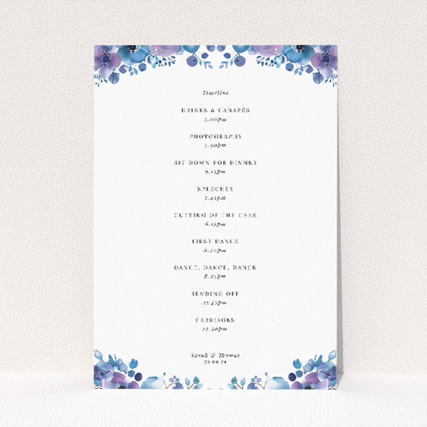 Blue Anemones wedding menu template showcasing exquisite anemone flowers in shades of blue, adding a touch of nature's beauty to your sophisticated wedding stationery suite This image shows the front and back sides together