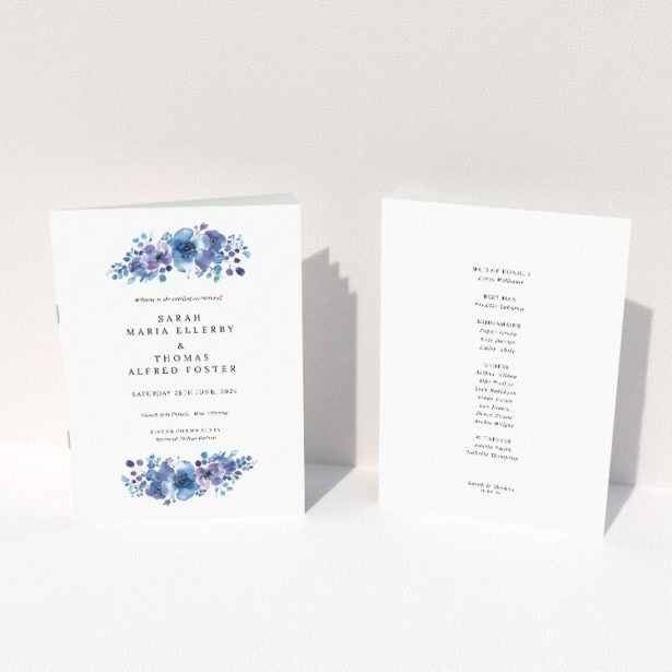 Fresh and Enchanting Blue Anemones Wedding Order of Service Booklet Template. This image shows the front and back sides together