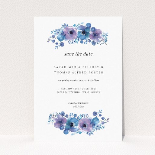 Blue Anemones wedding save the date card A6 featuring stunning blue anemone flowers in shades of blue and purple, creating a contemporary and elegant design This is a view of the front