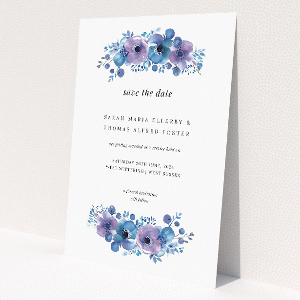Blue Anemones wedding save the date card A6 featuring stunning blue anemone flowers in shades of blue and purple, creating a contemporary and elegant design This is a view of the front