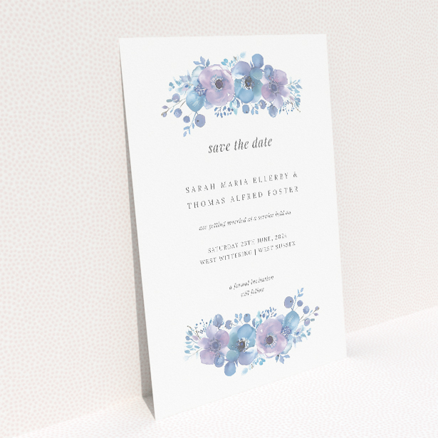 Blue Anemones wedding save the date card A6 featuring stunning blue anemone flowers in shades of blue and purple, creating a contemporary and elegant design This is a view of the back