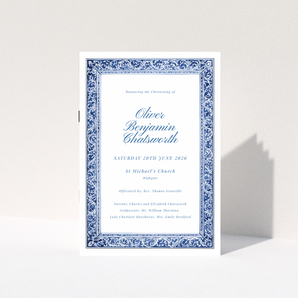 Christening order of service program with blue decorative border and no photos.