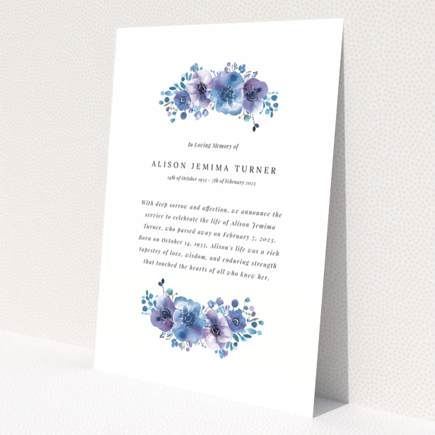 Floral funeral announcement card design with text and two decorative flower illustrations