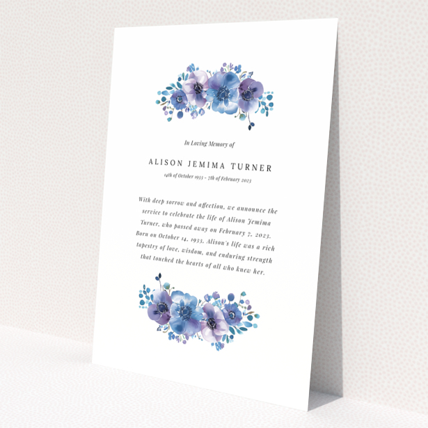 Floral funeral announcement card design with text and two decorative flower illustrations