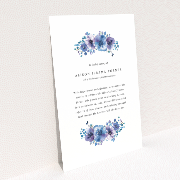 Floral funeral announcement card design with text and two decorative flower illustrations