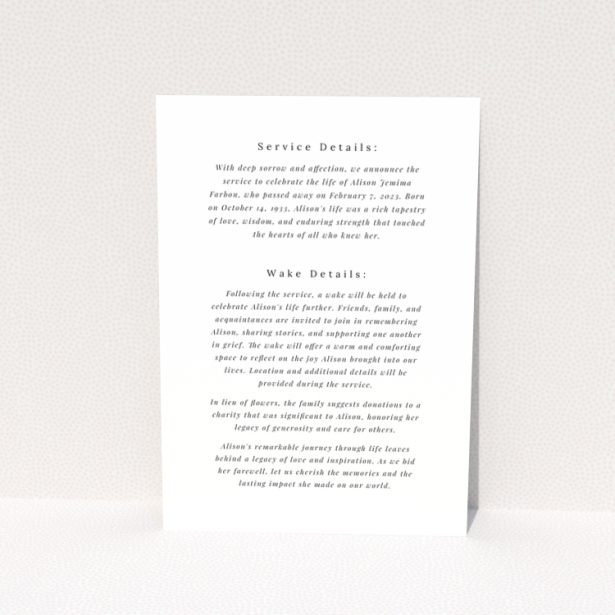 Floral funeral announcement card design with text and two decorative flower illustrations