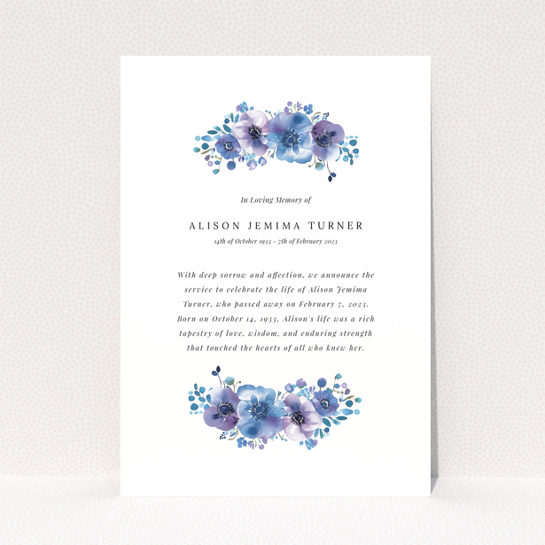 Floral funeral announcement card design with text and two decorative flower illustrations