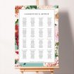 Foamex Blue Blossom Seating Plans featuring a vintage and classic floral design with flowers painted in shades of pink, red, and white set against a duck shell blue background, adding an enchanting and romantic touch to your wedding celebration.. This template has 16 tables.