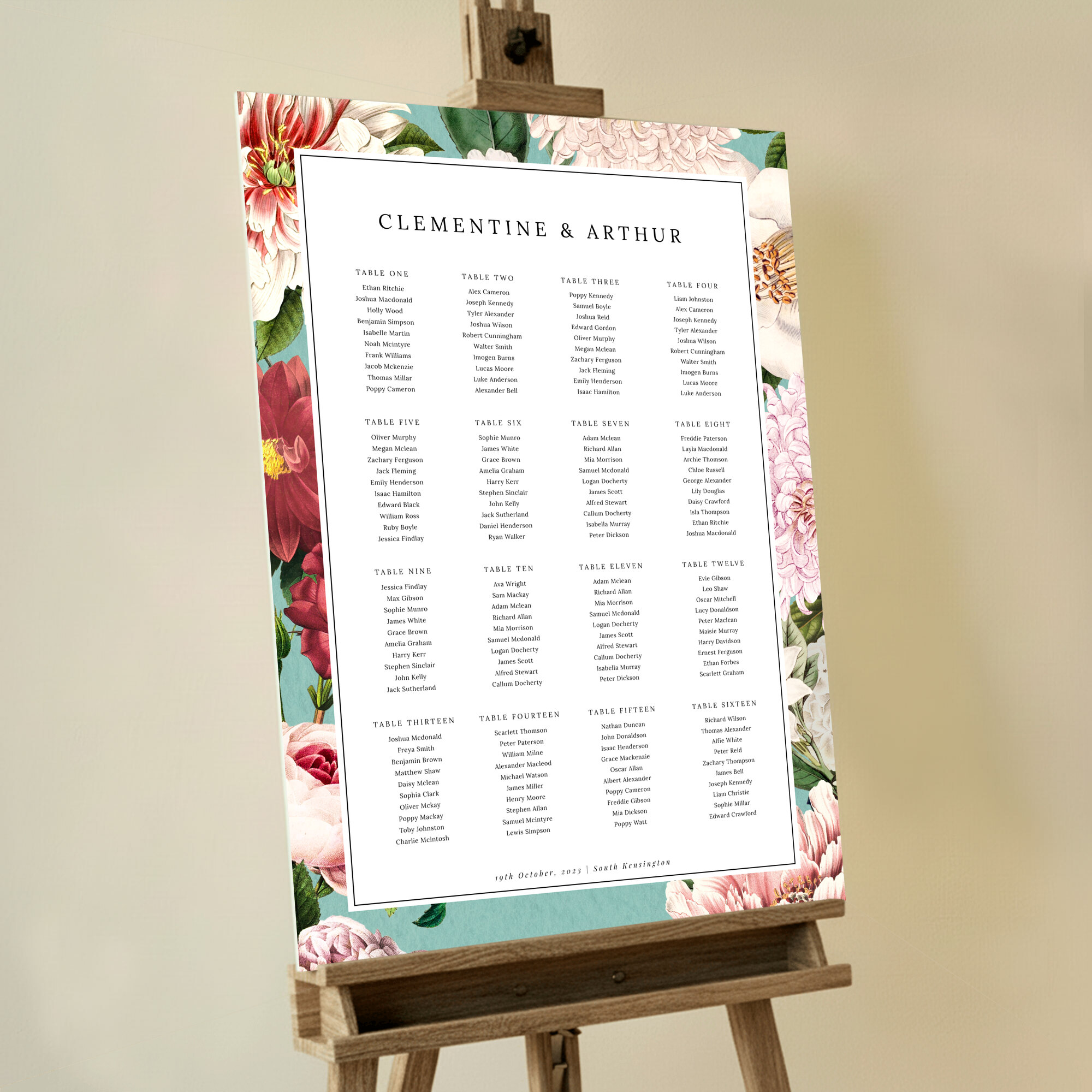 Foamex Blue Blossom Seating Plans featuring a vintage and classic floral design with flowers painted in shades of pink, red, and white set against a duck shell blue background, adding an enchanting and romantic touch to your wedding celebration.. This template has 16 tables.
